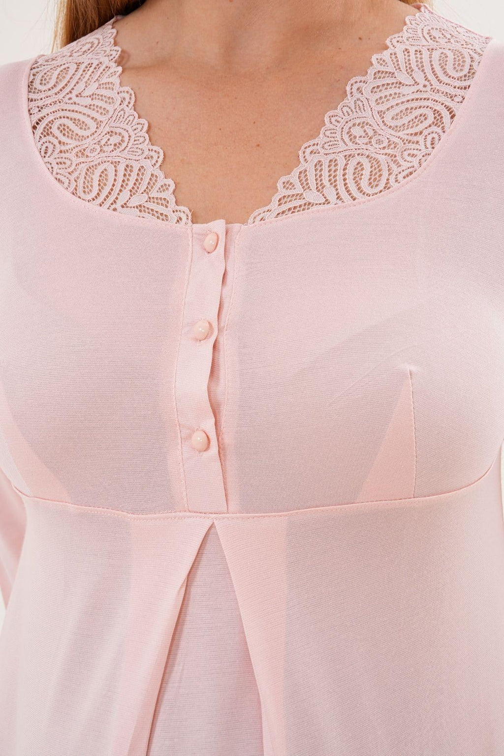 Lace Sleeve and Collar Maternity & Nursing Nightgown Powder - 6305