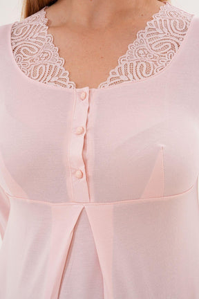 Lace Sleeve and Collar Maternity & Nursing Nightgown Powder - 6305