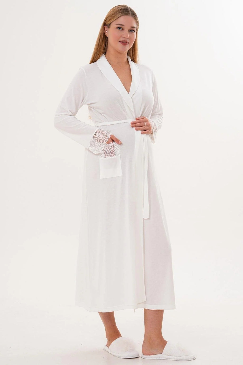 Lace Sleeve Long Maternity Robe Ecru - 6306