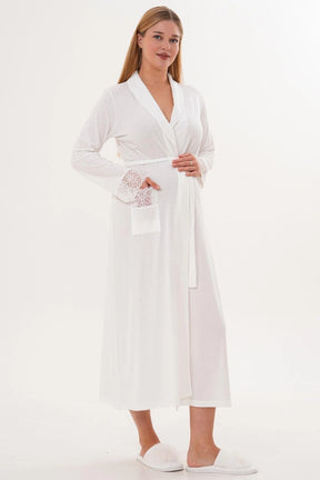 Lace Sleeve and Collar 3-Piece Maternity-Nursing Pajama & Lace Sleeve Robe Set Ecru - 6330