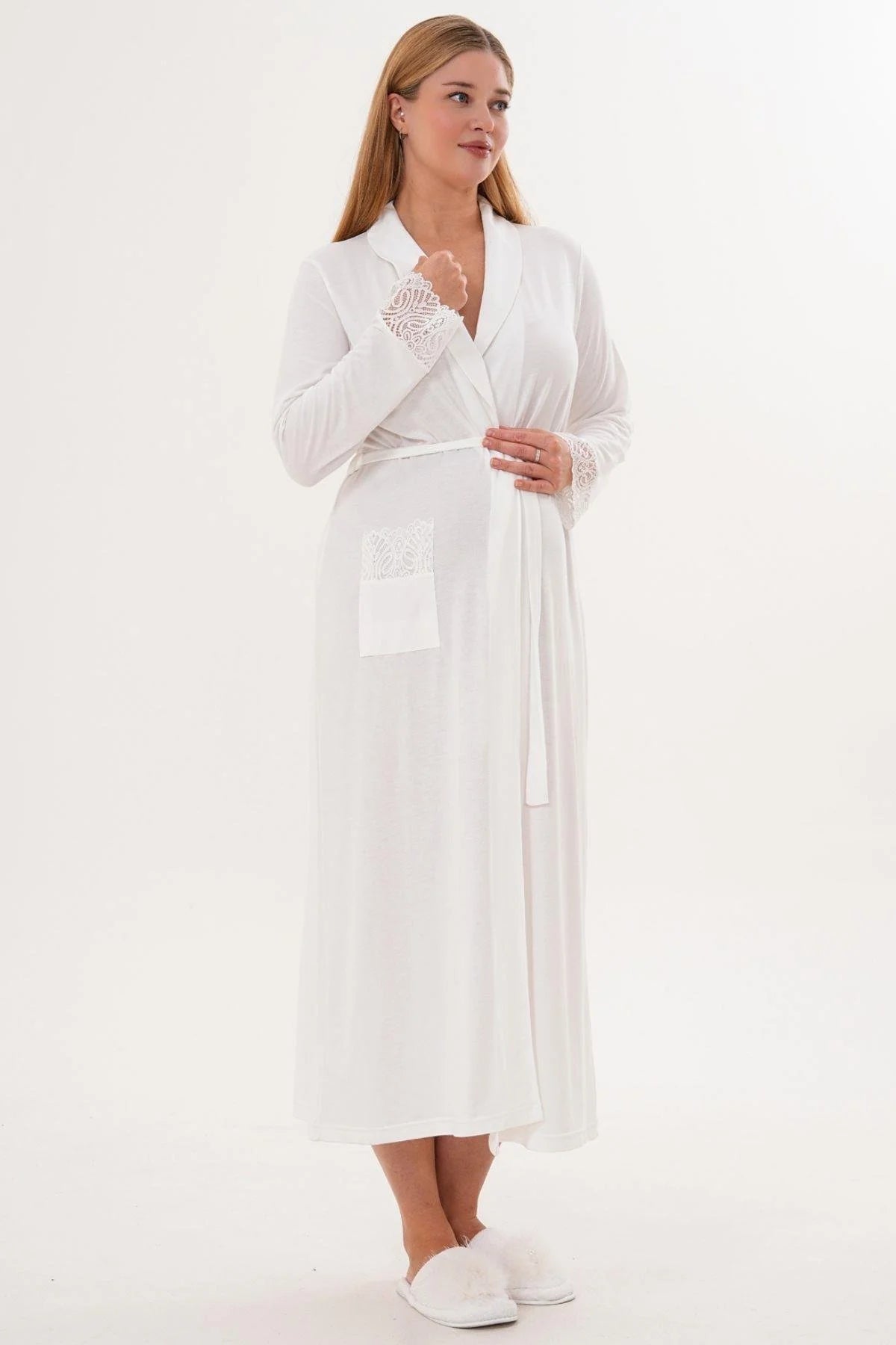 Lace Sleeve Long Maternity Robe Ecru - 6306