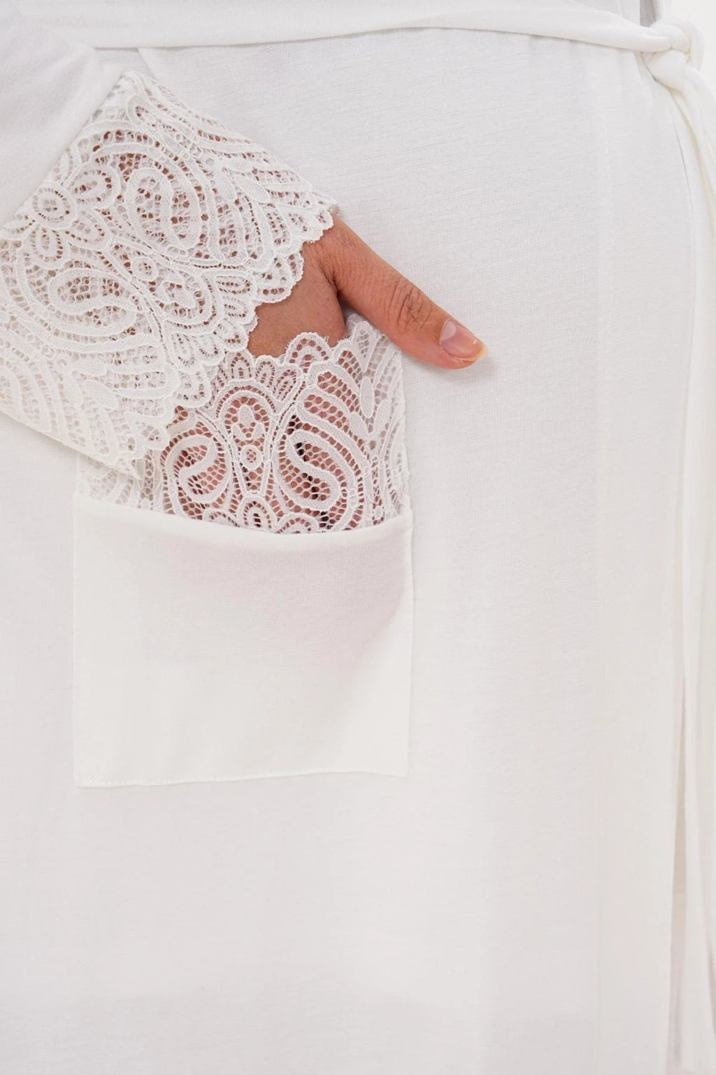 Lace Sleeve Long Maternity Robe Ecru - 6306