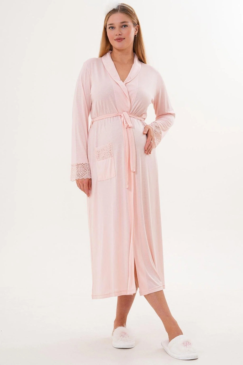 Lace Sleeve and Collar 3-Piece Maternity-Nursing Pajama & Lace Sleeve Robe Set Powder - 6330