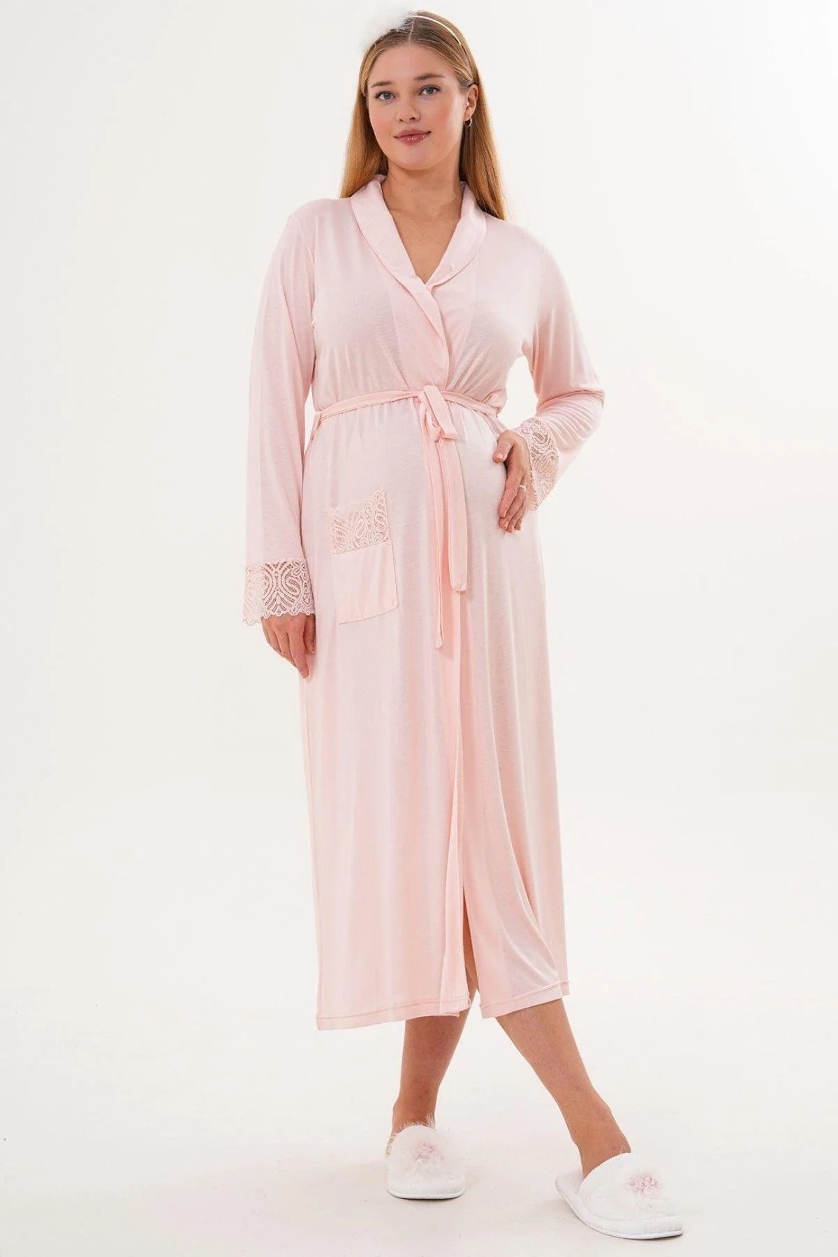 Lace Sleeve and Collar 3-Piece Maternity-Nursing Pajama & Lace Sleeve Robe Set Powder - 6330