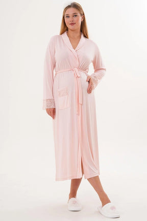Lace Sleeve and Collar Maternity-Nursing Nightgown & Lace Sleeve Robe Set Powder - 6331