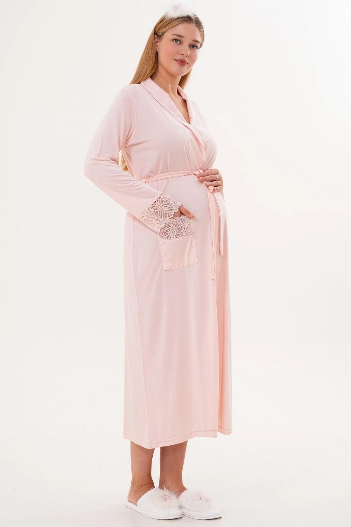 Lace Sleeve Long Maternity Robe Powder - 6306