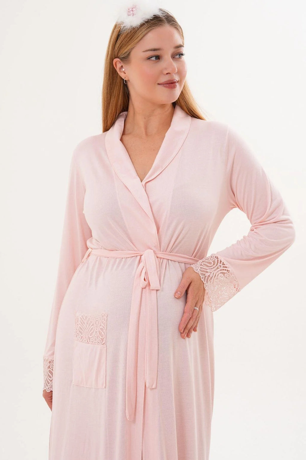 Lace Sleeve and Collar 3-Piece Maternity-Nursing Pajama & Lace Sleeve Robe Set Powder - 6330