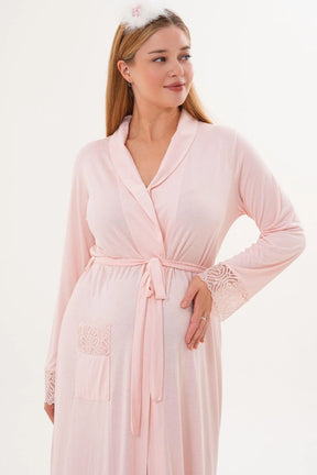 Lace Sleeve and Collar Maternity-Nursing Nightgown & Lace Sleeve Robe Set Powder - 6331