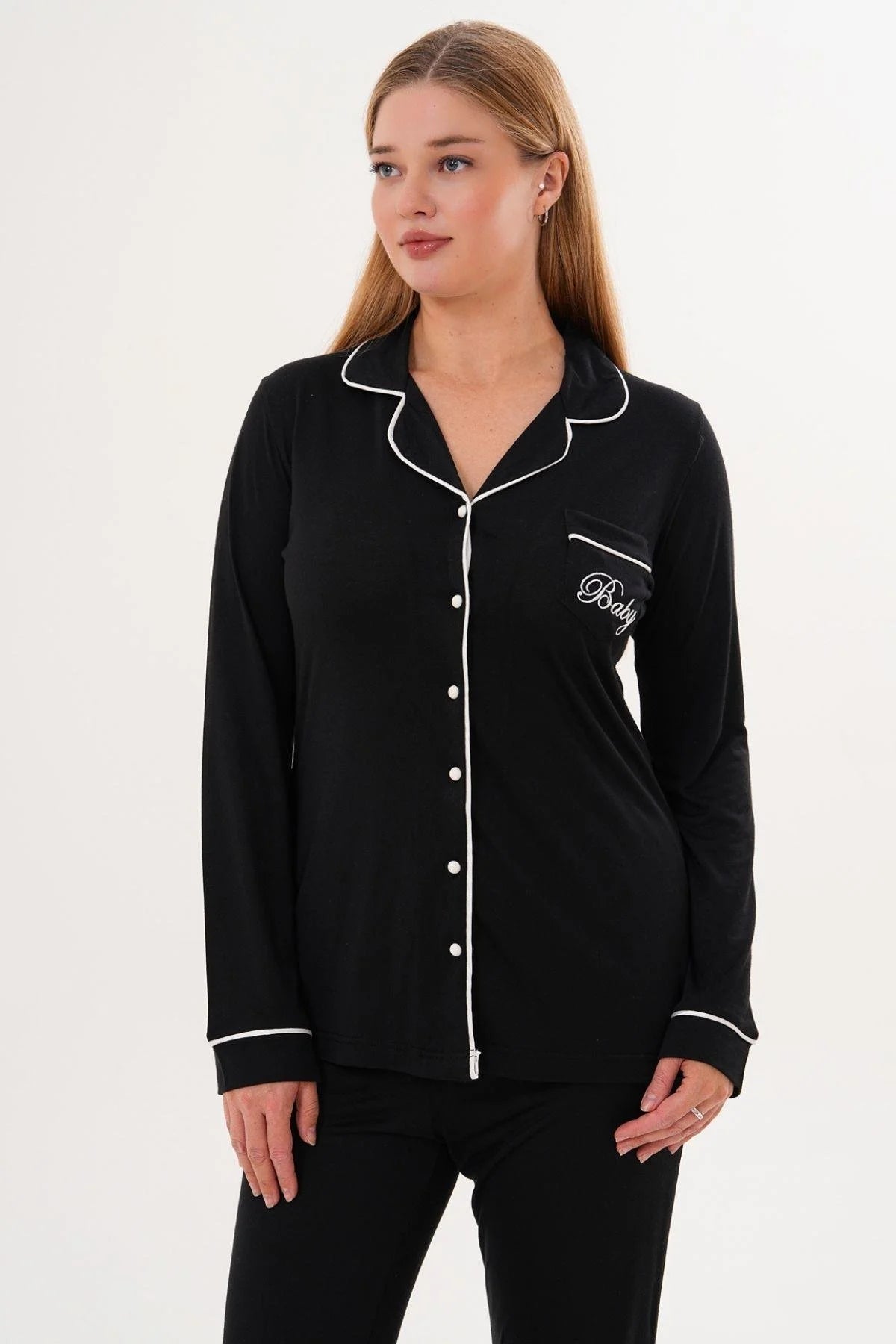 Bias Baby Printed Maternity & Nursing Pajama Set Black - 6307