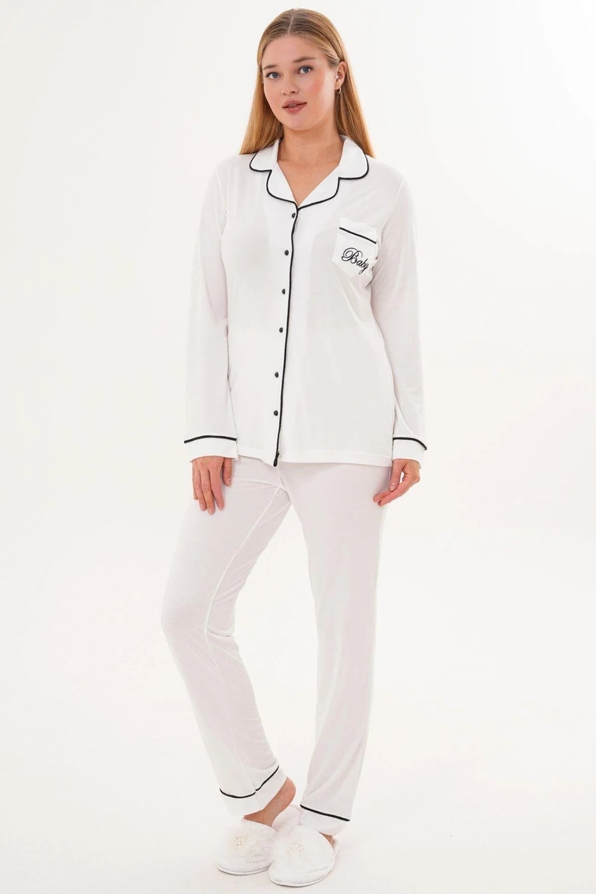 Bias Baby Printed Maternity & Nursing Pajama Set Ecru - 6307