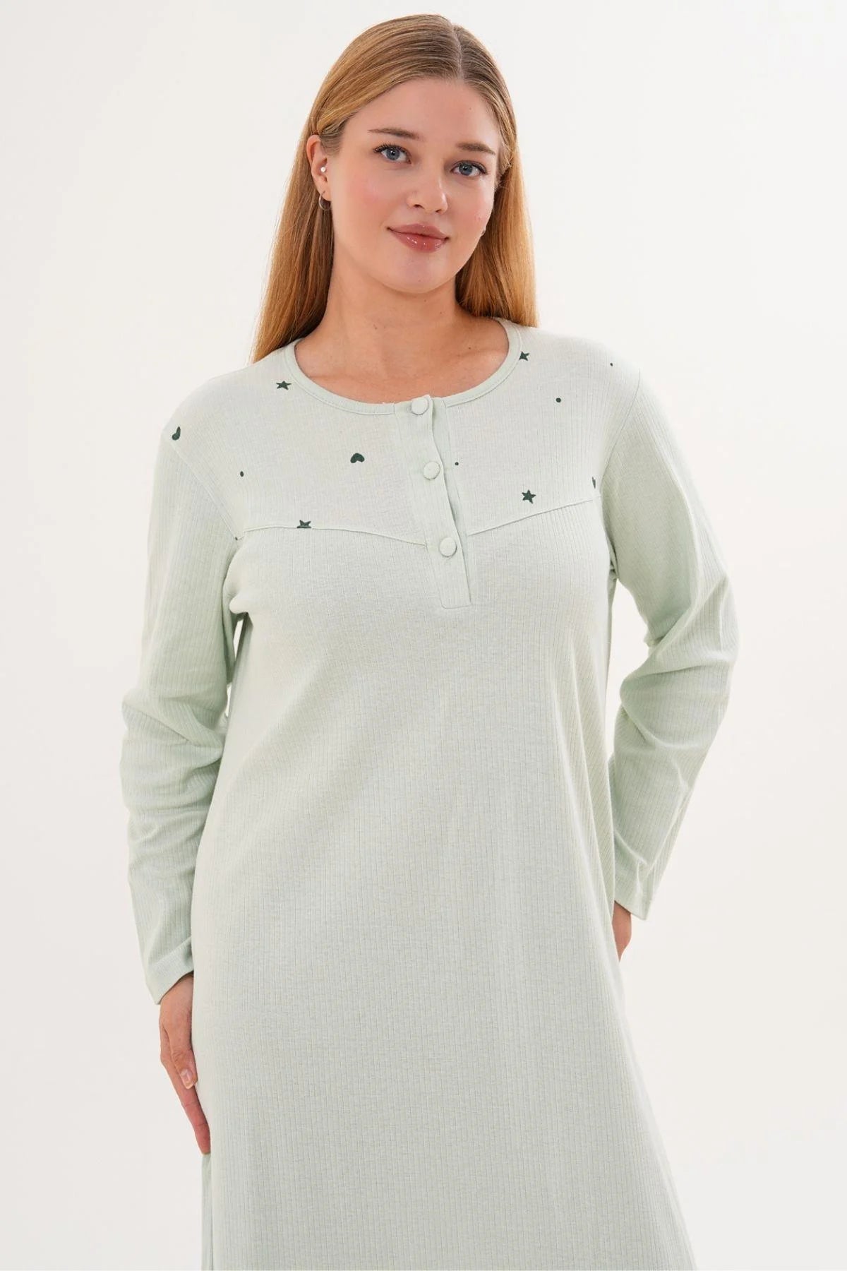 Heart and Star Printed Plus Size Maternity & Nursing Nightgown Green - 6310