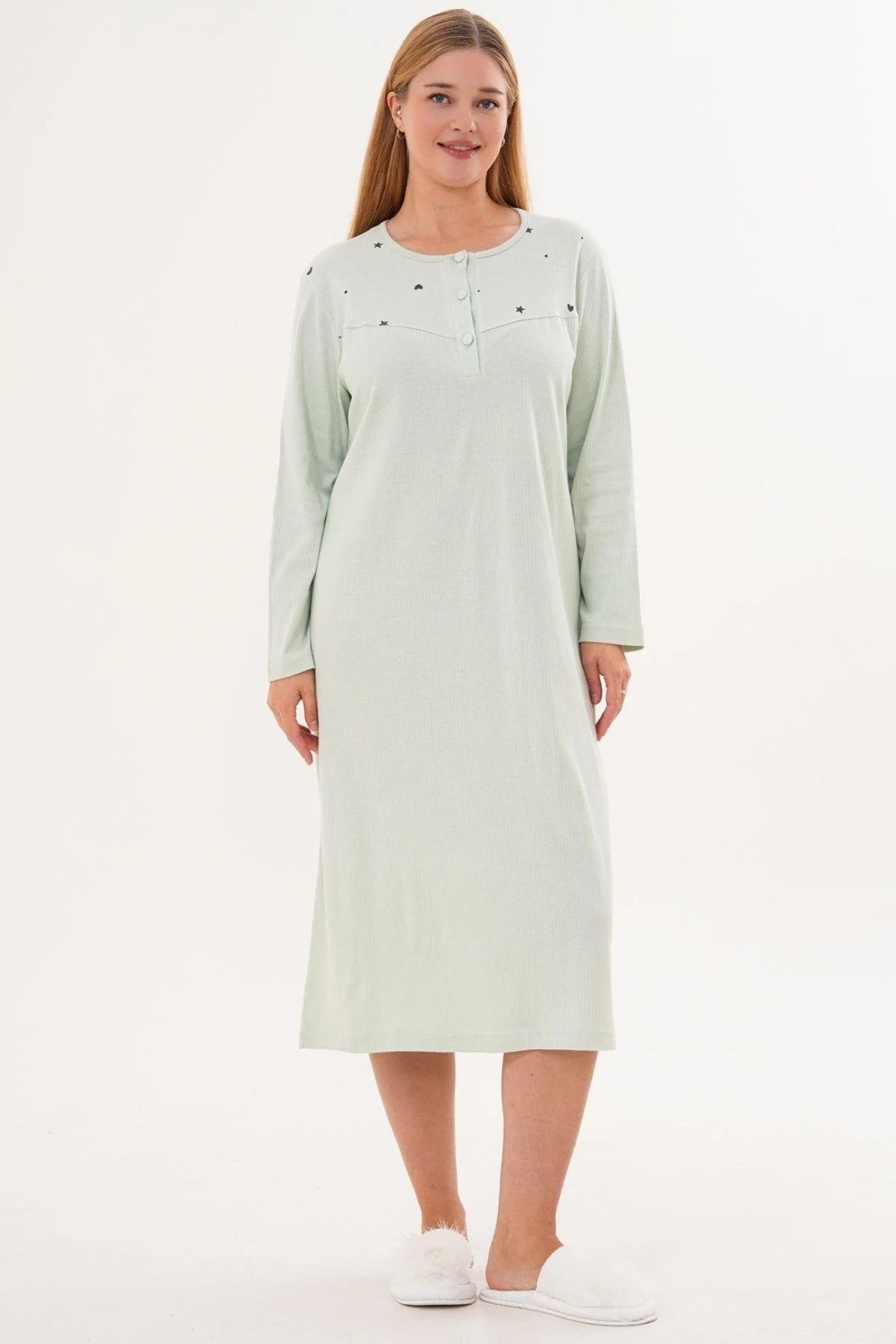 Heart and Star Printed Plus Size Maternity & Nursing Nightgown Green - 6310