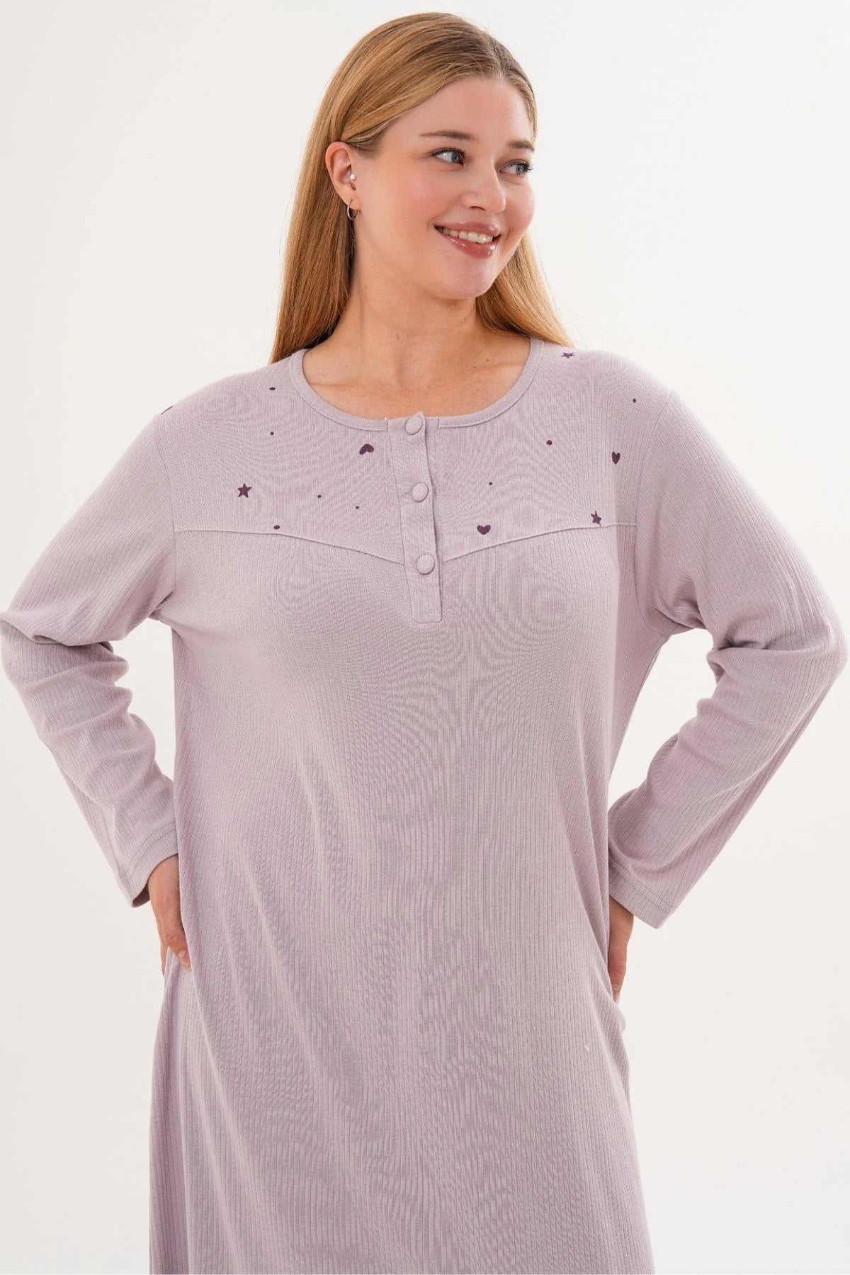 Heart and Star Printed Plus Size Maternity & Nursing Nightgown Lilac - 6310