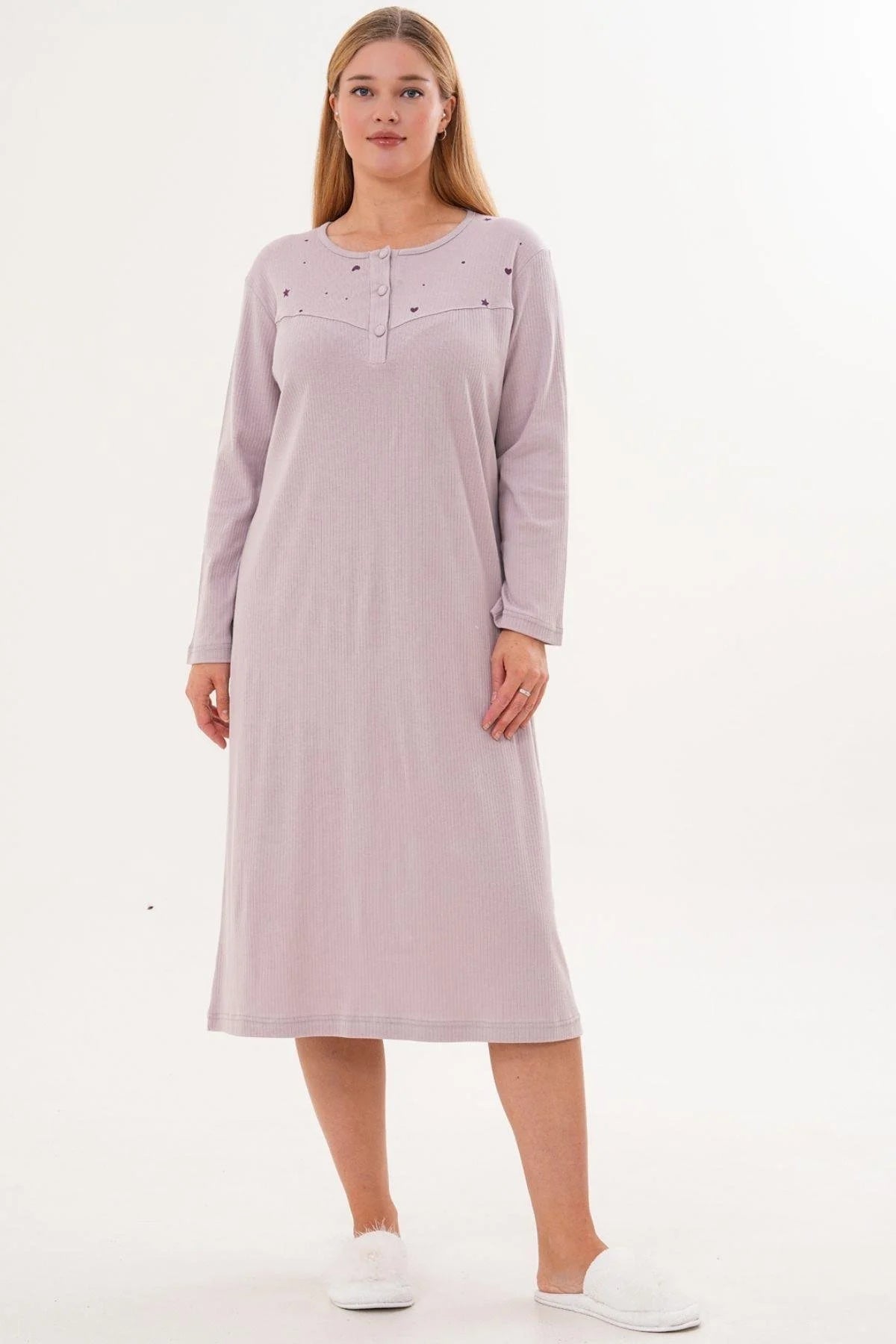 Heart and Star Printed Plus Size Maternity & Nursing Nightgown Lilac - 6310