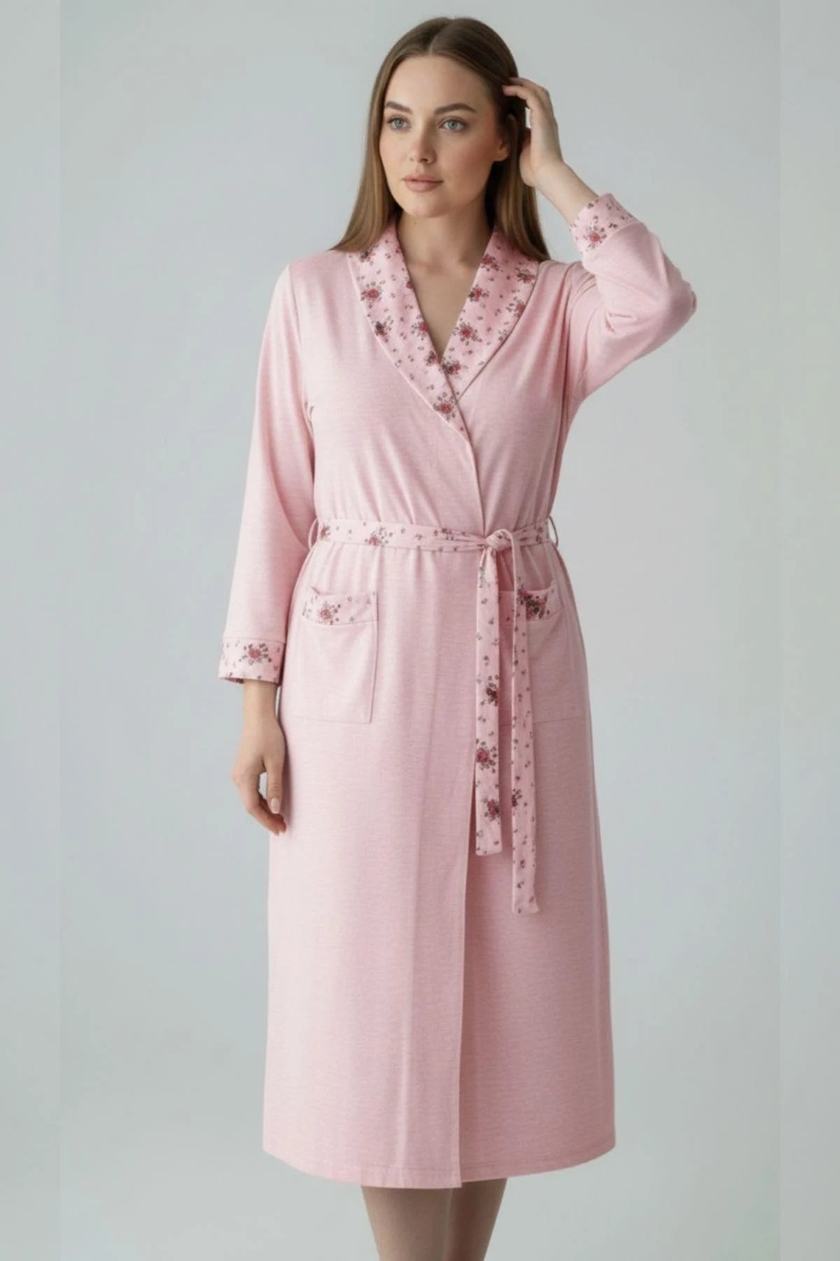 Patterned Plus Size Maternity Robe Powder - 6311