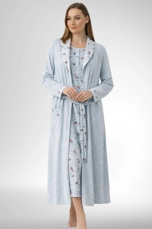 Patterned Plus Size Maternity-Nursing Nightgown & Robe Set Blue - 6312