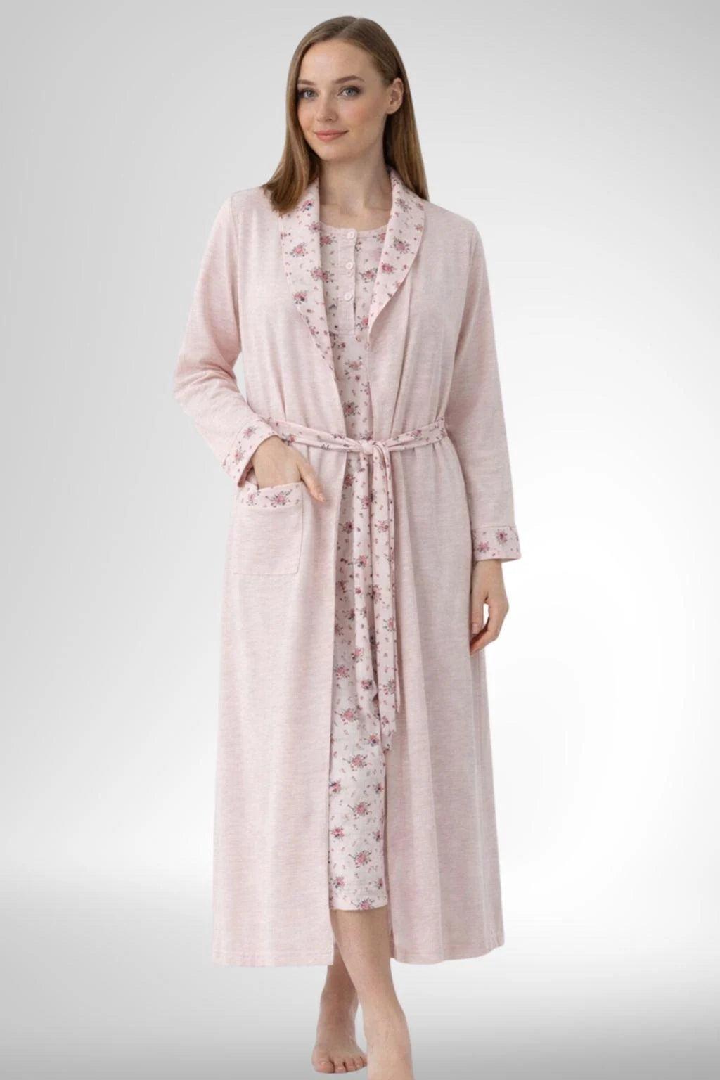 Patterned Plus Size Maternity-Nursing Nightgown & Robe Set Powder - 6312