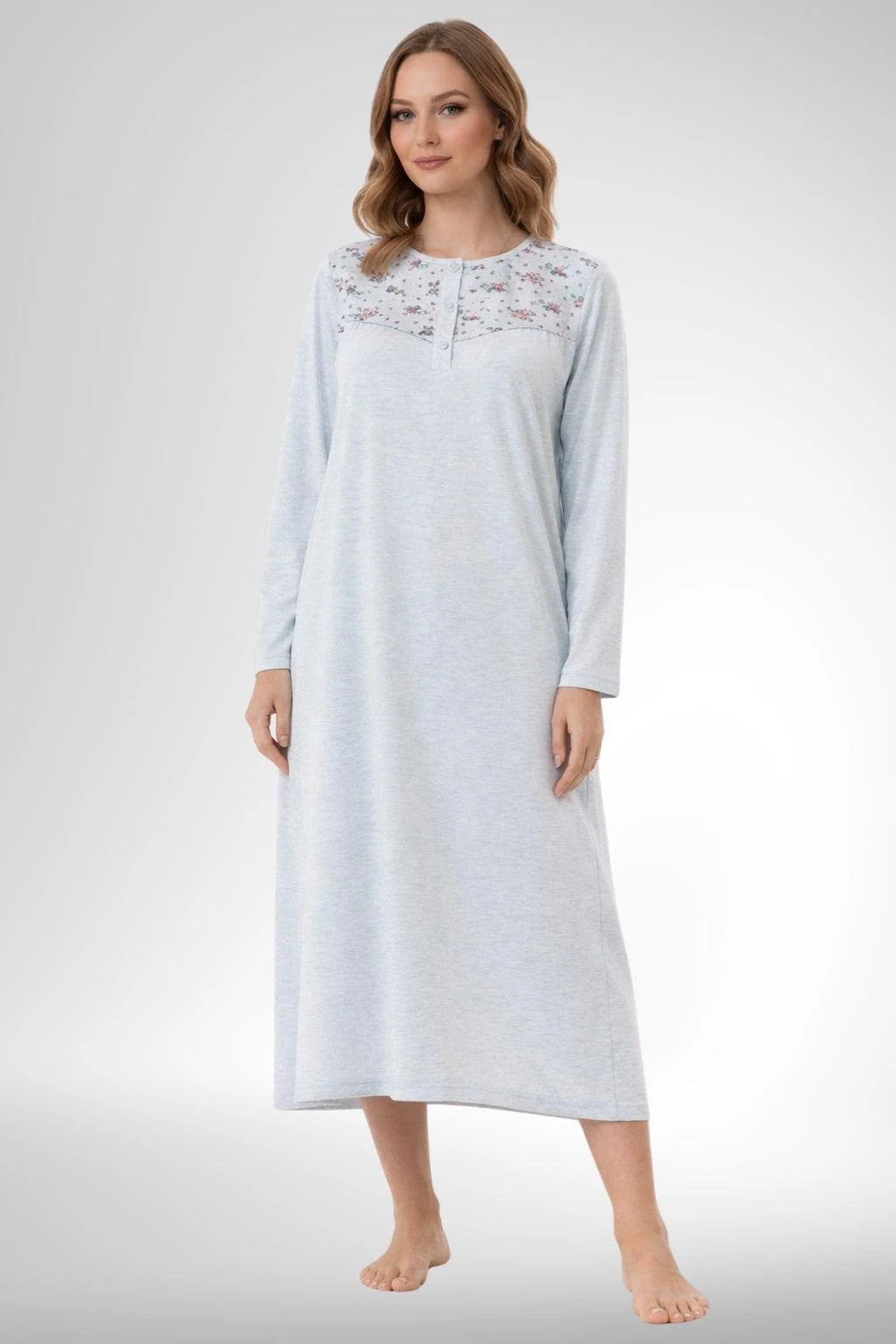 Patterned Collar Plus Size Maternity-Nursing Nightgown & Robe Set Blue - 6313