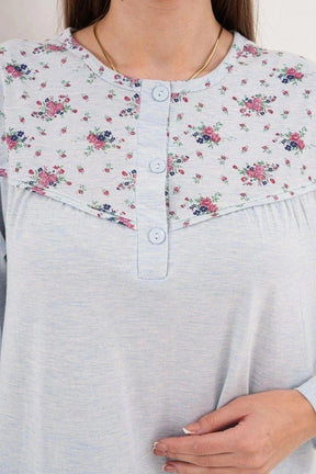 Patterned Collar Plus Size Maternity-Nursing Nightgown & Robe Set Blue - 6313