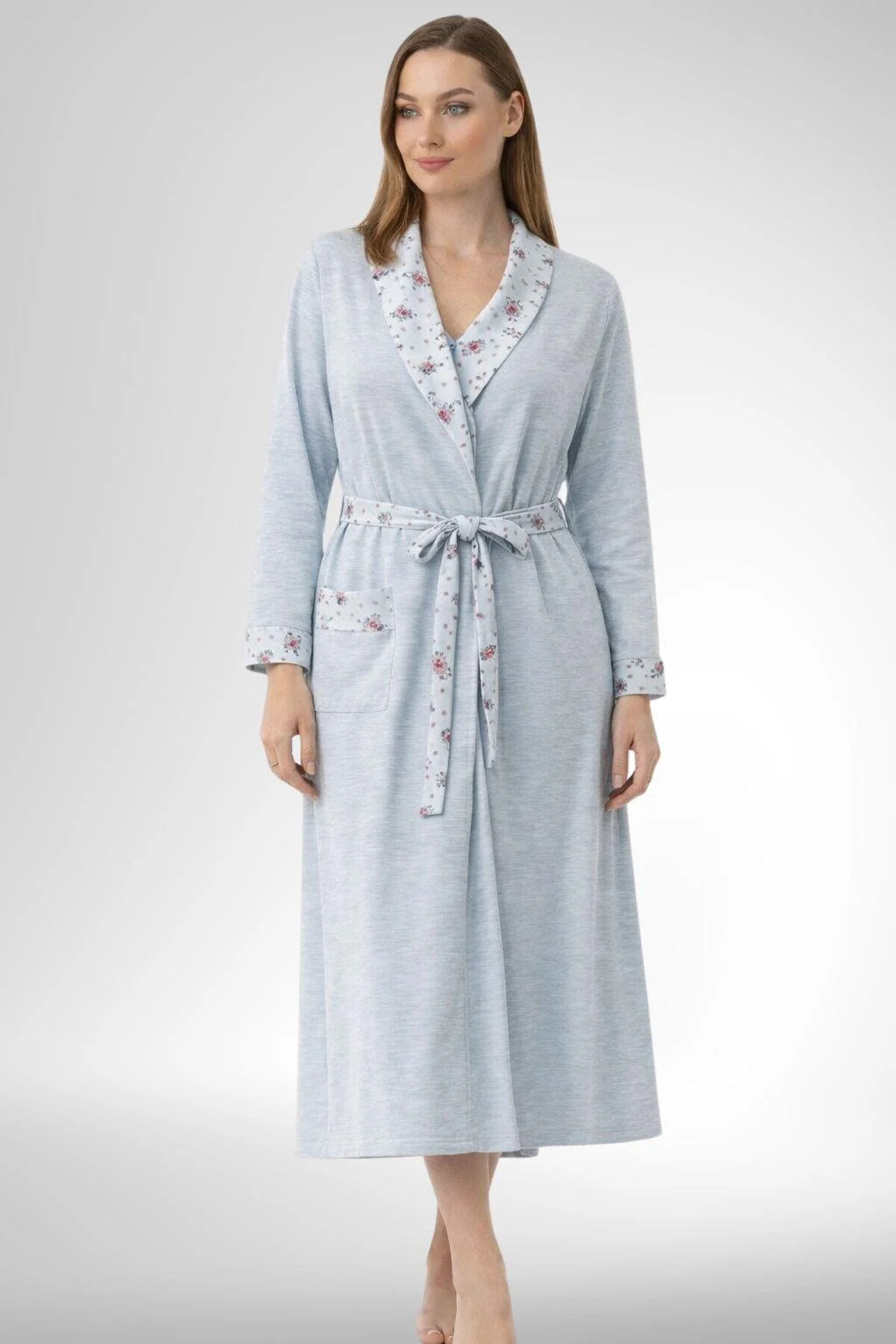 Patterned Collar Plus Size Maternity Feeding-Friendly Nightgown & Robe Set Blue - C6313