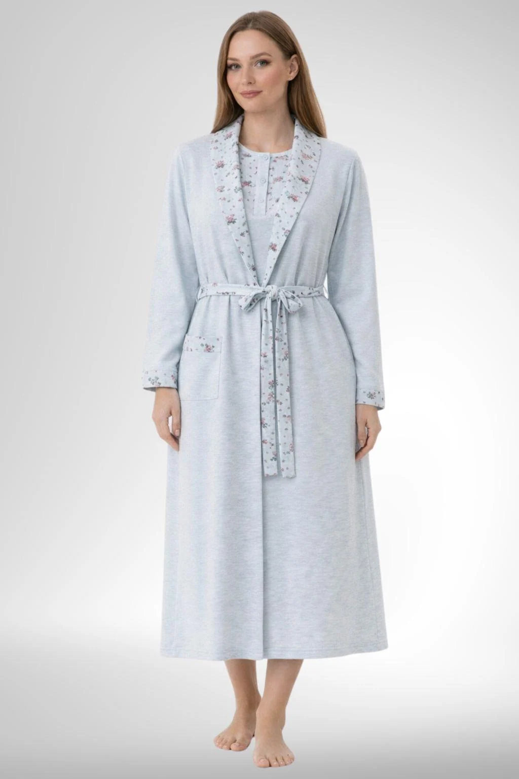 Patterned Collar Plus Size Maternity-Nursing Nightgown & Robe Set Blue - 6313
