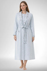 Patterned Collar Plus Size Maternity-Nursing Nightgown & Robe Set Blue - 6313