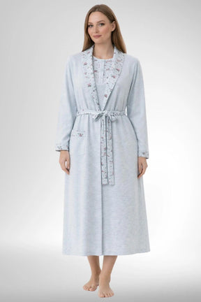 Patterned Collar Plus Size Maternity-Nursing Nightgown & Robe Set Blue - 6313