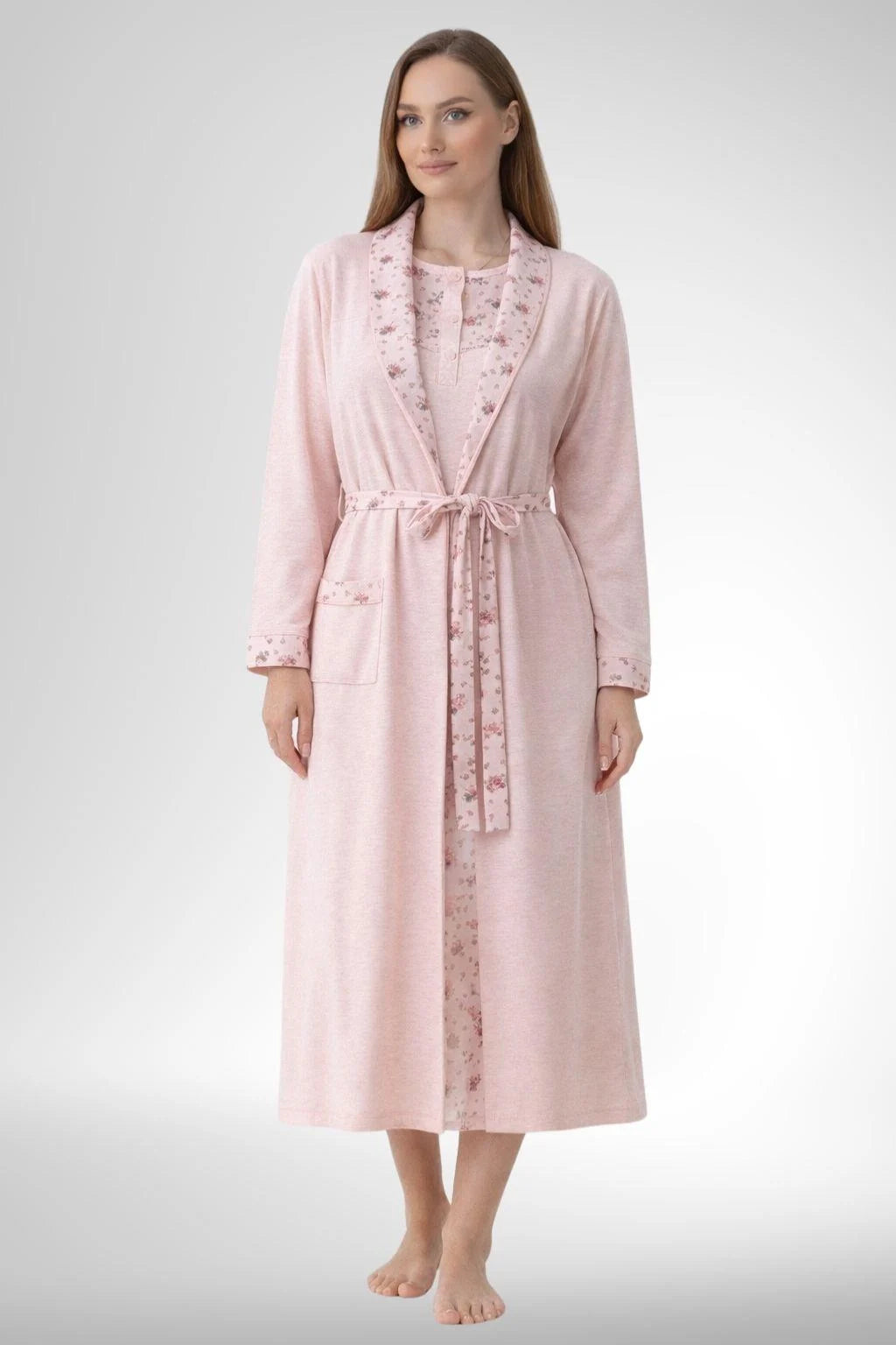 Patterned Collar Plus Size Maternity Feeding-Friendly Nightgown & Robe Set Powder - C6313