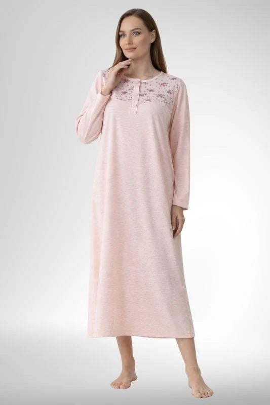 Patterned Collar Plus Size Maternity-Nursing Nightgown & Robe Set Powder - 6313