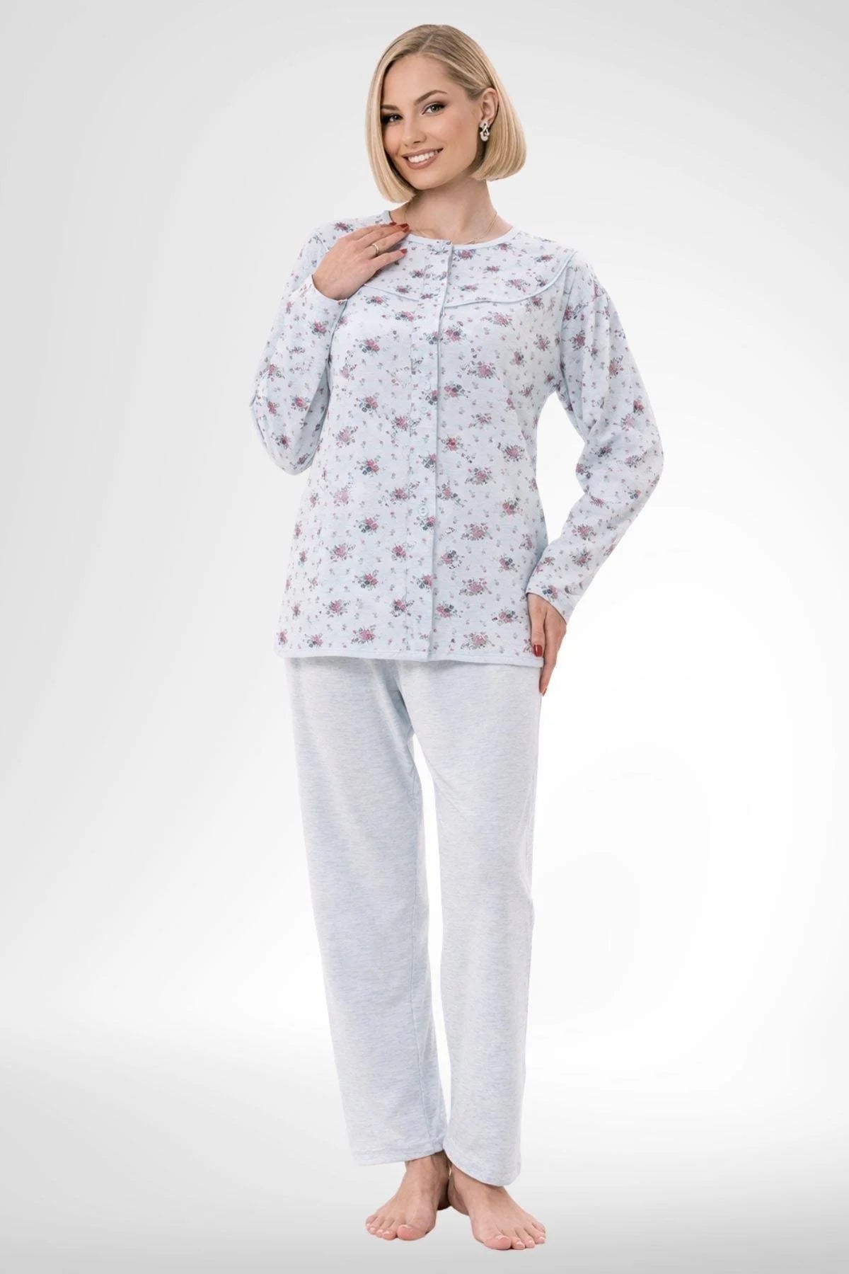 Patterned Buttoned Plus Size Maternity & Nursing Pajama Set Blue - 6315