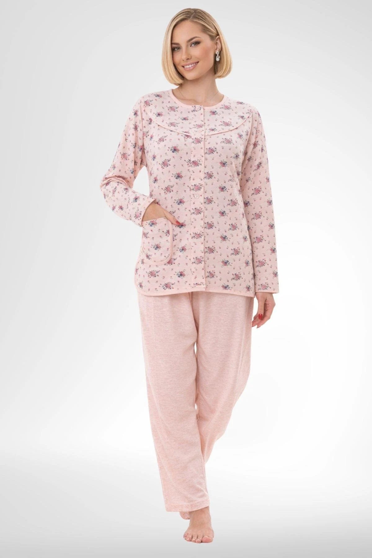 Patterned Buttoned Plus Size Maternity & Nursing Pajama Set Powder - 6315