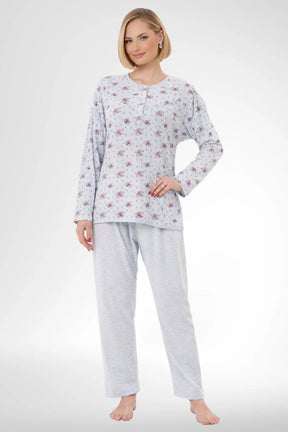 Patterned Plus Size 3 Piece Maternity-Nursing Pajama & Robe Set Blue - 6316