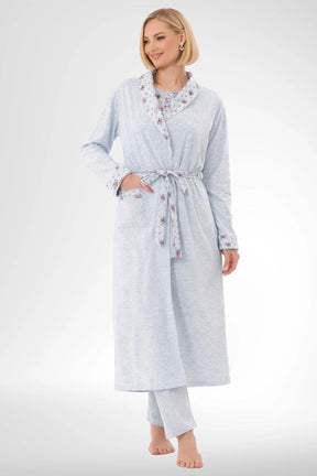 Patterned Plus Size 3 Piece Maternity-Nursing Pajama & Robe Set Blue - 6316
