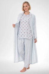 Patterned Plus Size 3 Piece Maternity-Nursing Pajama & Robe Set Blue - 6316