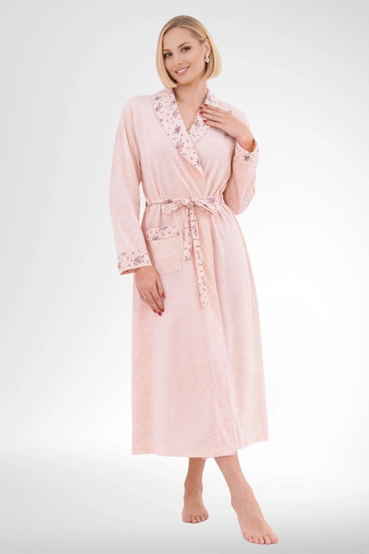 Patterned Plus Size 3 Piece Maternity-Nursing Pajama & Robe Set Powder - 6316