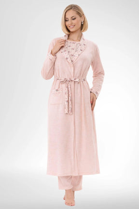 Patterned Plus Size 3 Piece Maternity-Nursing Pajama & Robe Set Powder - 6316