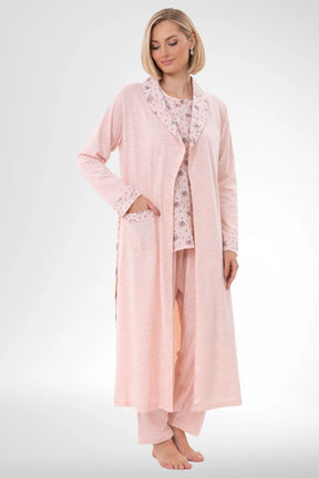 Patterned Plus Size 3 Piece Maternity-Nursing Pajama & Robe Set Powder - 6316