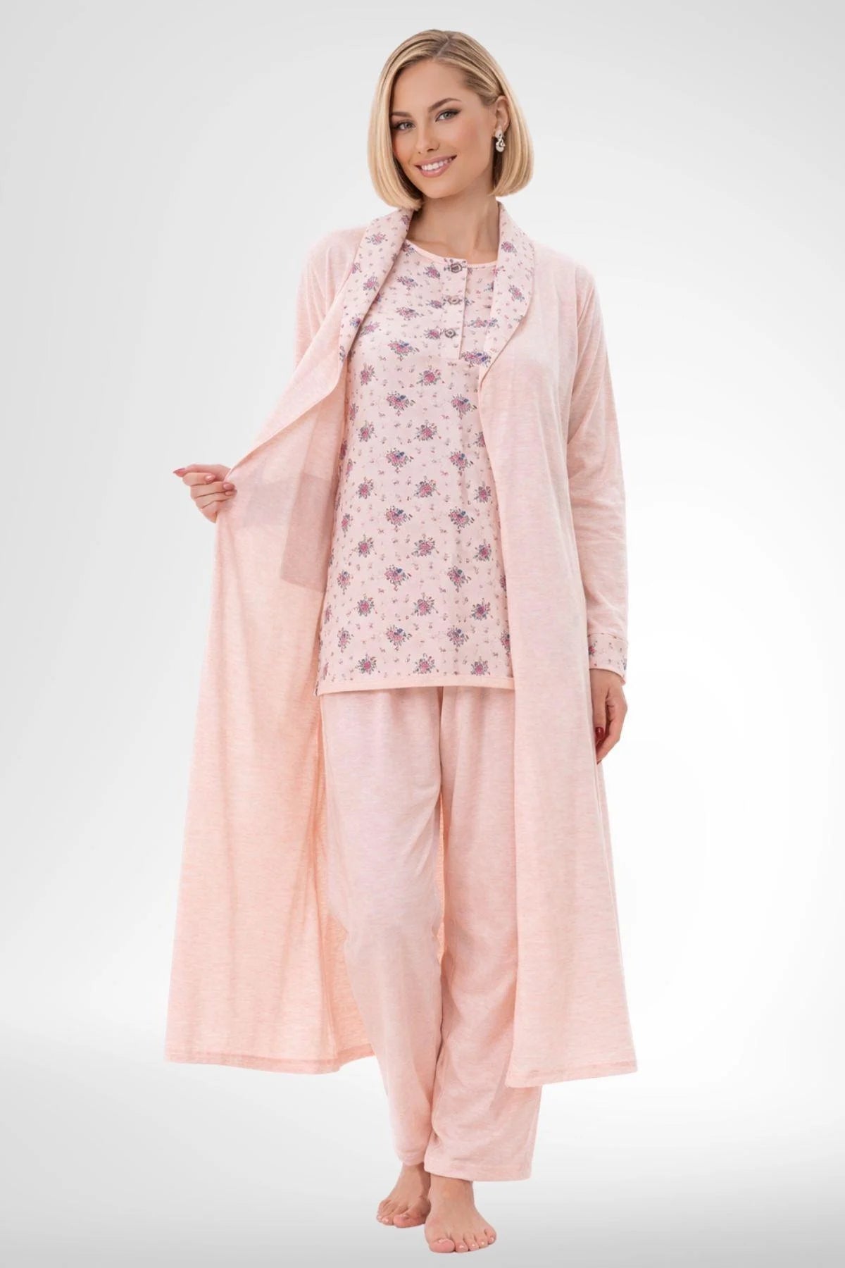 Patterned Plus Size 3 Piece Maternity-Nursing Pajama & Robe Set Powder - 6316