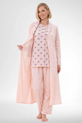 Patterned Plus Size 3 Piece Maternity-Nursing Pajama & Robe Set Powder - 6316