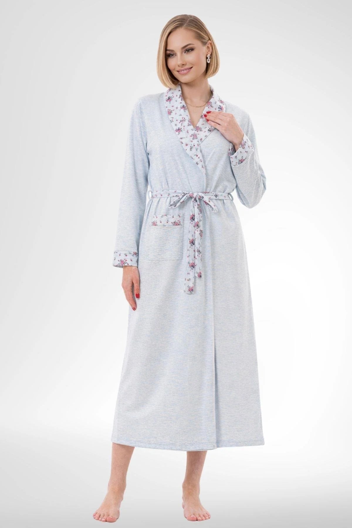 Patterned Buttoned Plus Size 3 Piece Maternity-Nursing Pajama & Robe Set Blue - 6317