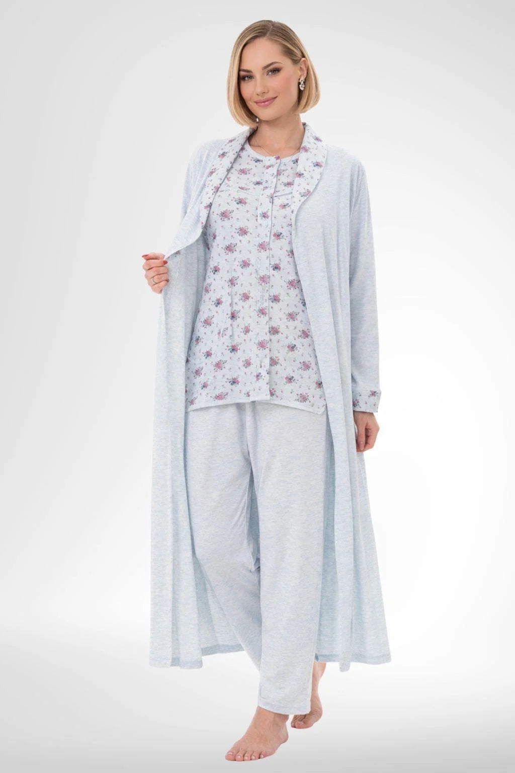 Patterned Buttoned Plus Size 3 Piece Maternity-Nursing Pajama & Robe Set Blue - 6317