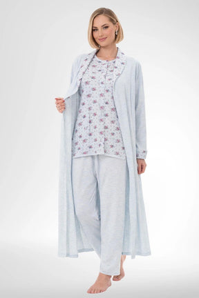 Patterned Buttoned Plus Size 3 Piece Maternity-Nursing Pajama & Robe Set Blue - 6317