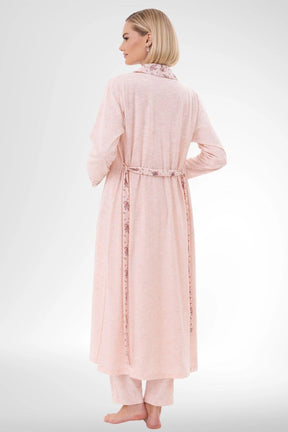 Patterned Buttoned Plus Size 3 Piece Maternity-Nursing Pajama & Robe Set Powder - 6317