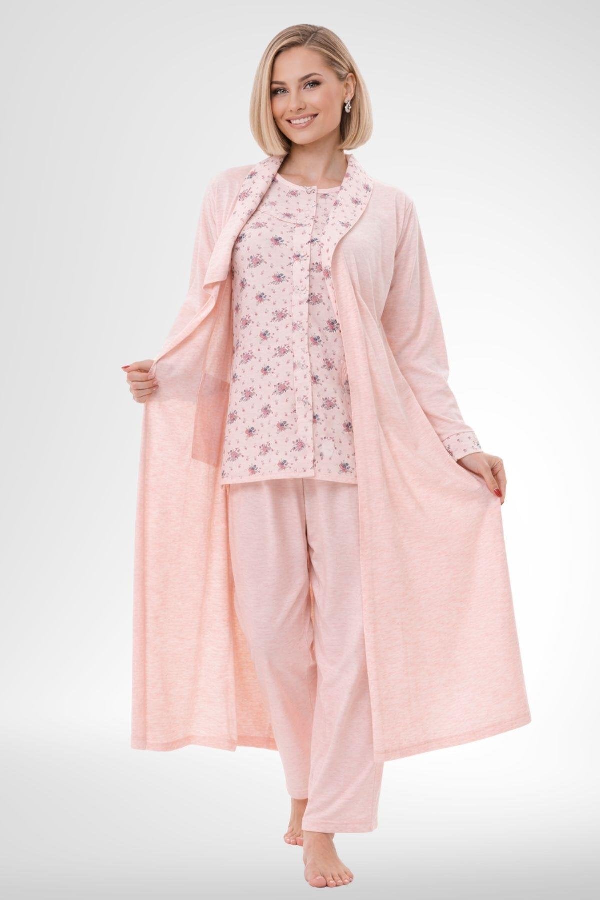 Patterned Buttoned Plus Size 3 Piece Maternity-Nursing Pajama & Robe Set Powder - 6317