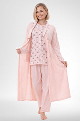 Patterned Buttoned Plus Size 3 Piece Maternity-Nursing Pajama & Robe Set Powder - 6317