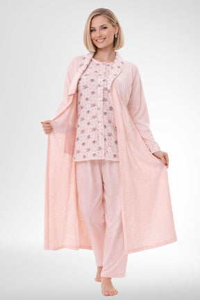 Patterned Buttoned Plus Size 3 Piece Maternity-Nursing Pajama & Robe Set Powder - 6317
