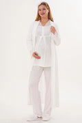 Lace Sleeve and Collar 3-Piece Maternity-Nursing Pajama & Lace Sleeve Robe Set Ecru - 6330