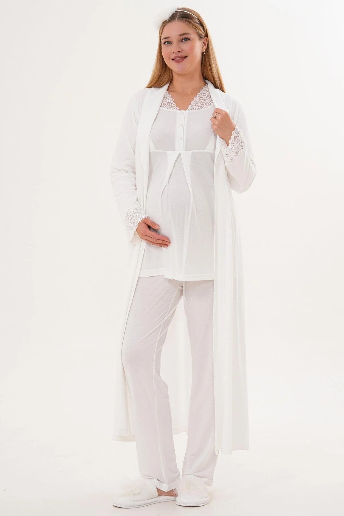 Lace Sleeve and Collar 3-Piece Maternity-Nursing Pajama & Lace Sleeve Robe Set Ecru - 6330