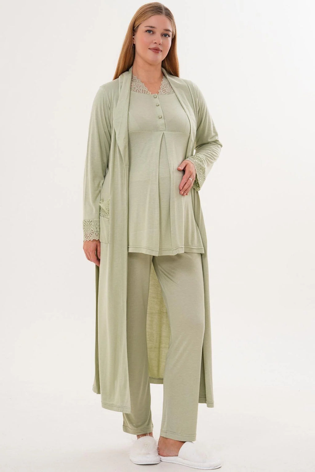 Lace Sleeve and Collar 3-Piece Maternity-Nursing Pajama & Lace Sleeve Robe Set Green - 6330