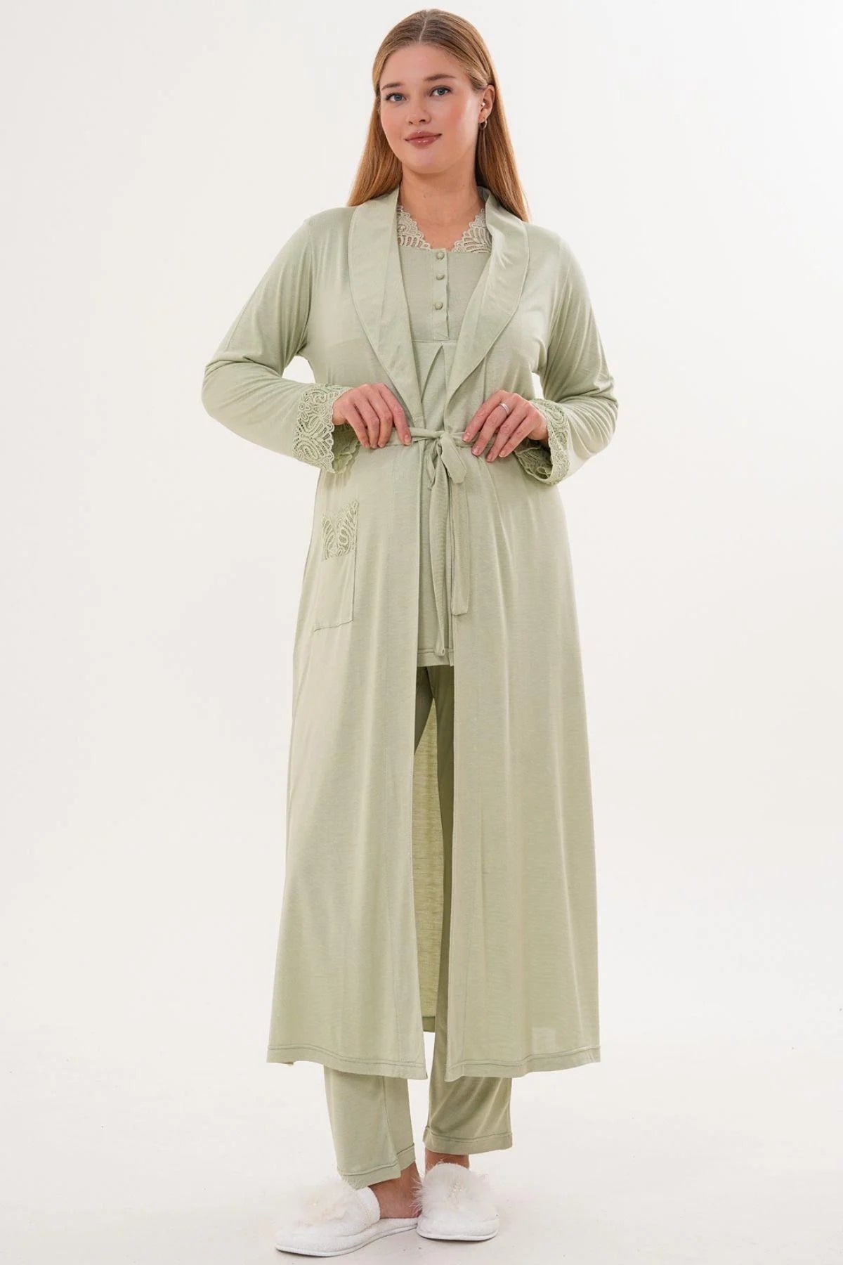 Lace Sleeve and Collar 3-Piece Maternity-Nursing Pajama & Lace Sleeve Robe Set Green - 6330